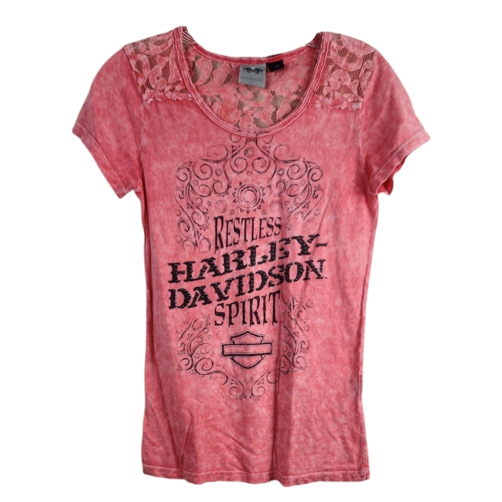 Y2K Harley Davidson Restless Spirit Laced Bling Tee XS Tie Dye Coral Pink 00s